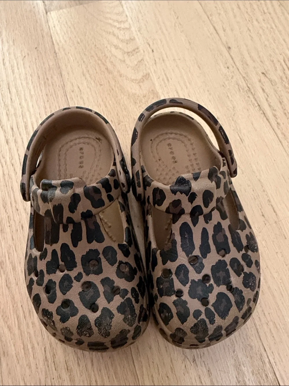 Croc Mary Jane’s Kids Leopard Print Closed-Toe Sandals in Tan and Black
